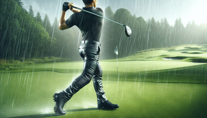 Golfer in black rainproof trousers swinging on a rainy golf course, water repelling off fabric.