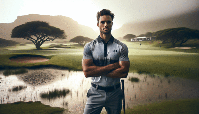 Golfer in South Africa wearing durable Under Armour rainproof trousers on a wet golf course, with Sportsman's Warehouse and Takealot logos.