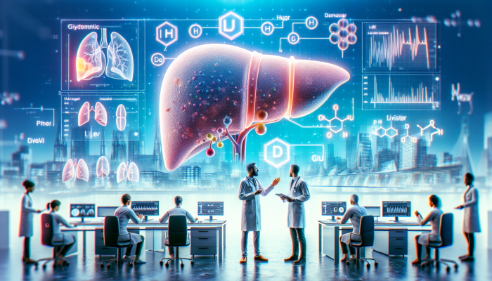 Illustration of an advanced liver blood test in Stroud clinic, highlighting biochemical markers on a liver.