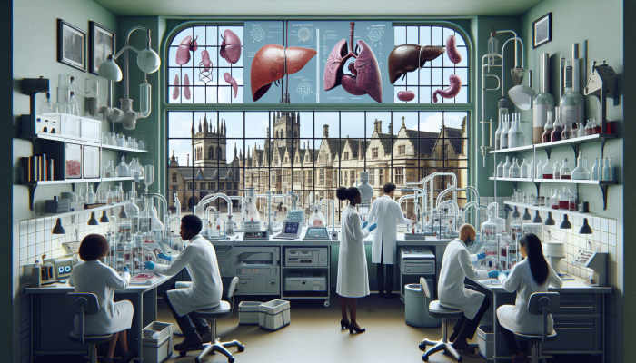 A lab in Stroud with scientists analyzing liver samples, historic architecture visible through windows.