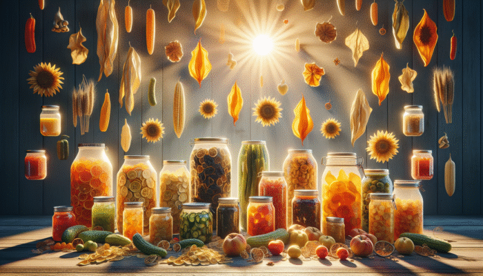 Sun-dried fruits and vegetables, jars of fermented and canned goods for long-term survival.