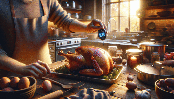 Person using oven thermometer to check 180°C temperature, with golden-brown turkey ready for roasting.
