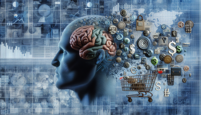 How Debt Consolidation Changes Spending Habits: | DCL A mind morphing into currency symbols and shopping carts against abstract financial graphs.
