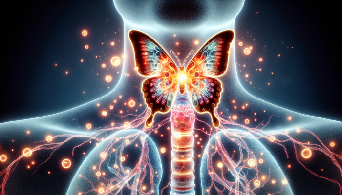 Advanced Thyroid Blood Test in Doncaster: Butterfly-shaped thyroid gland at neck's base, glowing with T3 and T4 hormones, impacting cells and metabolism.