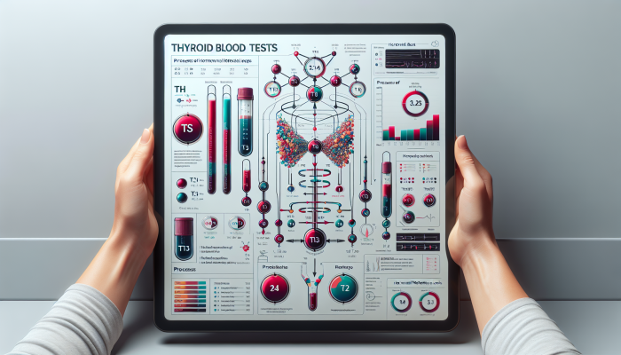 Infographic showing thyroid tests like TSH, T4, T3, with normal ranges and hormonal feedback loops.