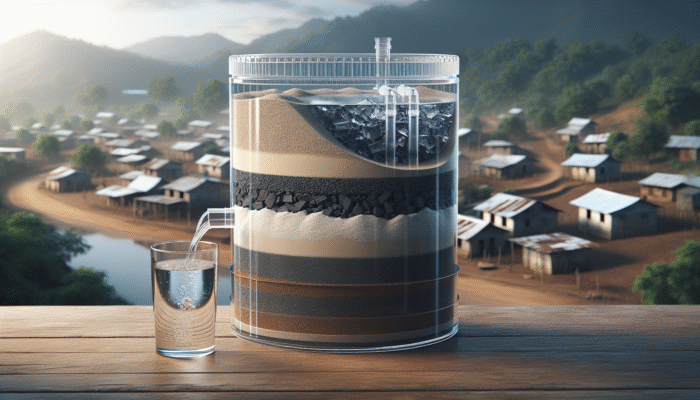 A cross-section of a sand and charcoal water filter in a rural setting, showing clean water output.