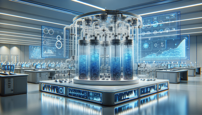 High-tech water filtration system in a modern lab, showing purification process and efficiency metrics.