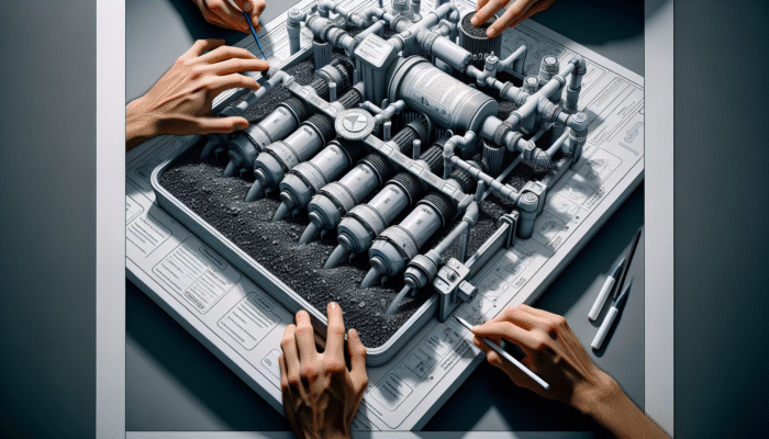 Close-up of hands maintaining a water filtration system, replacing charcoal and rinsing sand for safe drinking water.