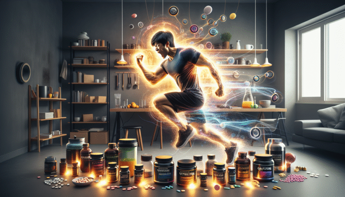 Supplements for Home Workouts: Person intensely working out at home with caffeine pills and energy drinks, showing increased focus and stamina.