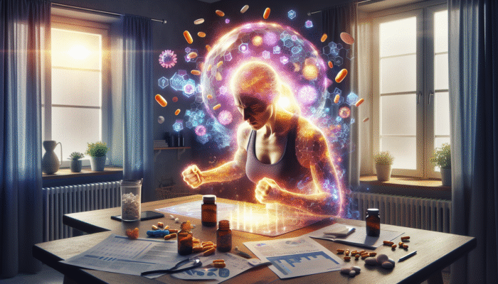 Person at home working out, surrounded by vitamin C and zinc supplements, with a glowing aura representing a fortified immune system.