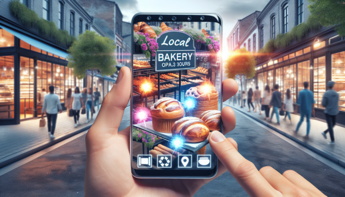 A local bakery's Google My Business profile on a smartphone, showing pastries, hours, and reviews, on a bustling street.