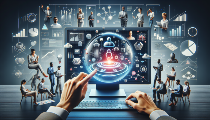 Digital workspace with Google My Business on screen, experts collaborating on online visibility strategies.