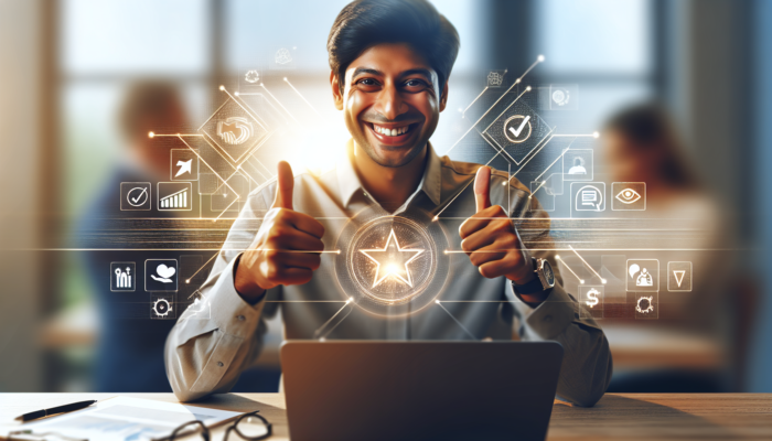 A local business owner smiling while engaging with customers online, surrounded by positive feedback and a glowing reputation icon.