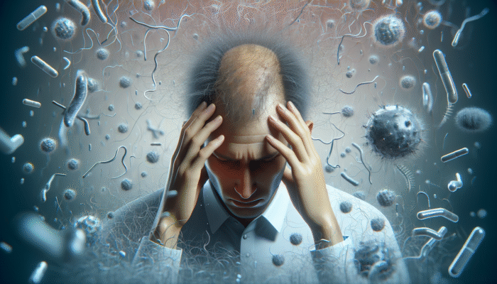 A distressed person with diffuse scalp hair thinning, surrounded by stress hormones disrupting hair growth in a softly lit setting.