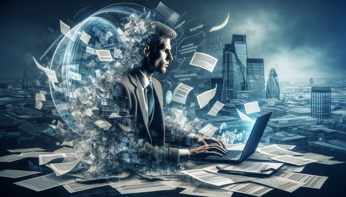 Real People Share Debt Consolidation Tips: Practical Advice | DCL Man in London researches debt consolidation on laptop, surrounded by loan documents, focused on financial clarity.