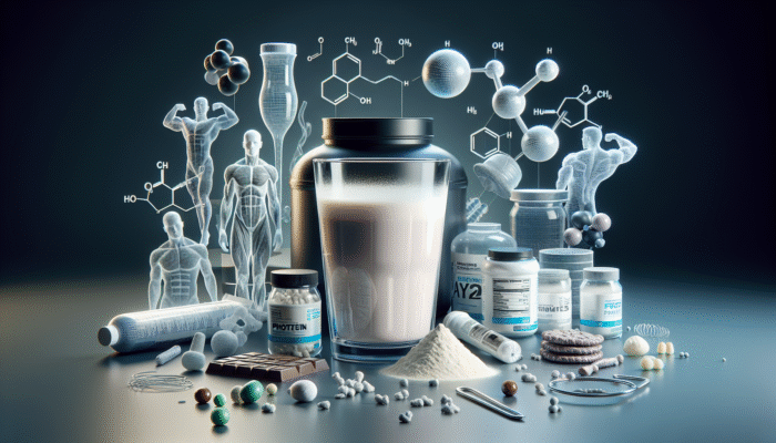 Understanding Whey Protein Basics: Clear glass of creamy whey protein liquid with amino acids, muscle fibers, and protein products.