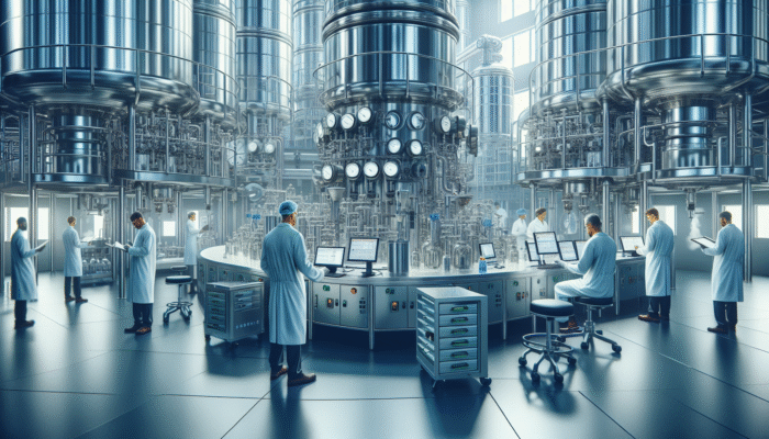 Workers in lab coats using advanced equipment to test whey protein for contaminants, ensuring safety and nutritional standards.