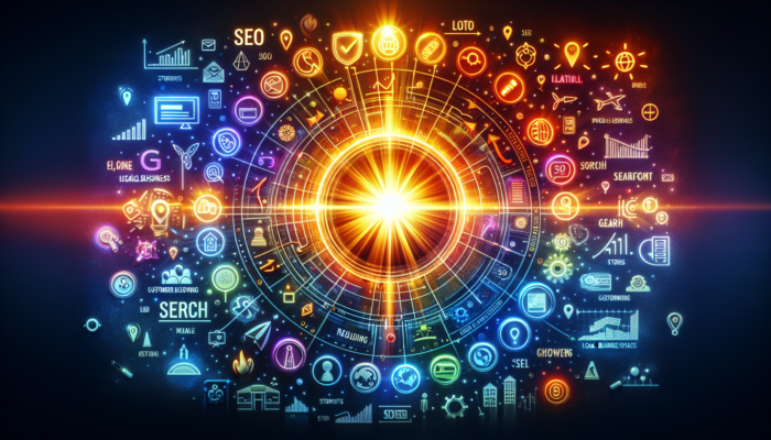 A Google Business Post interface with rising SEO metrics, surrounded by search engine and local business icons.