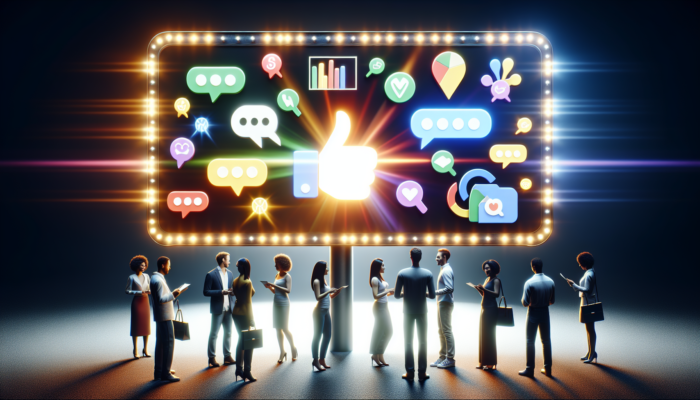 A vibrant digital billboard showing interactive Google Business Posts with diverse customers engaging and discussing.