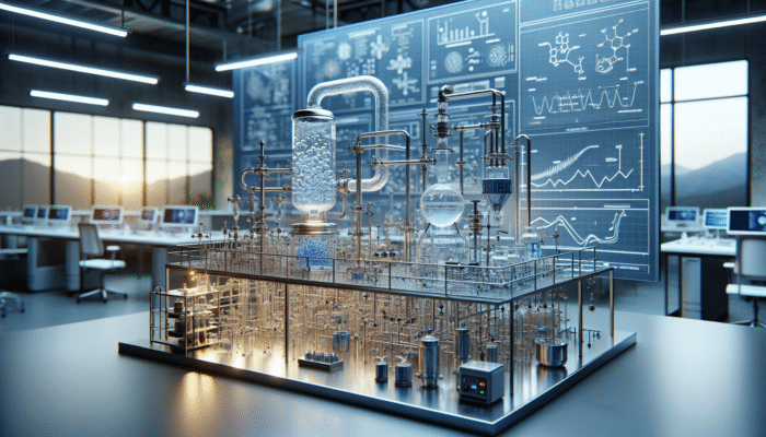Illustration of a distillation system in a modern laboratory, effectively purifying water through heating, steaming, and condensing techniques.