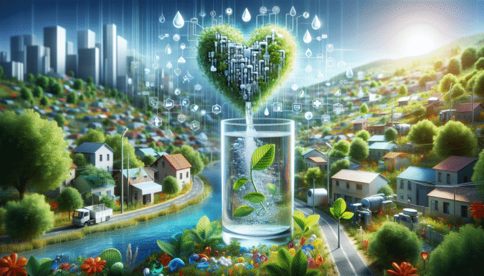 Water filtration system purifying water into a glass, surrounded by health symbols and a diverse community.