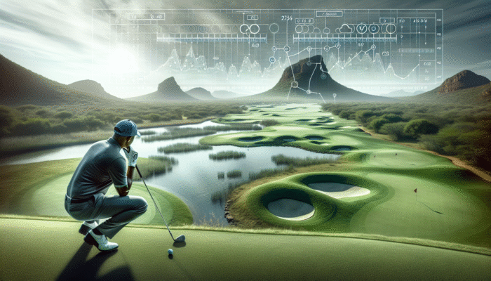 Perfecting Your Golf Swing Basics: Golfer at Leopard Creek analyzing course layout, focusing on water hazards and green undulations for strategic play.