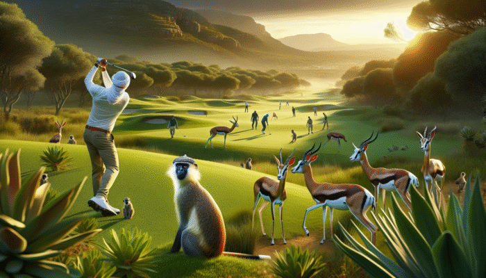 Golfer at Simola Golf Estate waits as Springbok graze, vervet monkeys watch, showing wildlife respect.