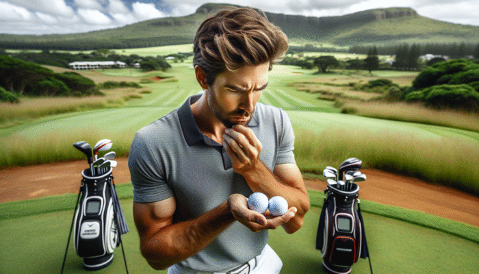 Golfer at Durban Country Club comparing golf balls for control and distance on fast, firm fairways.