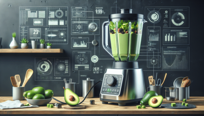 High-tech blender with 1000-watt motor, blending green smoothies and avocado dips to silky-smooth texture.