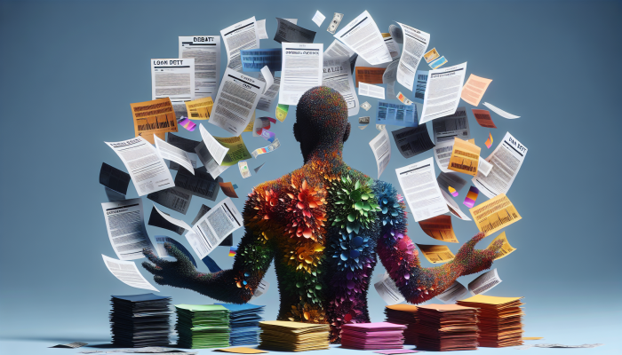 Debt Consolidation Loans from Fintech Companies: A Guide | DCL Debt Consolidation Loans from Fintech Companies: A person consolidating chaotic debt papers into one clear loan document, symbolizing financial relief.