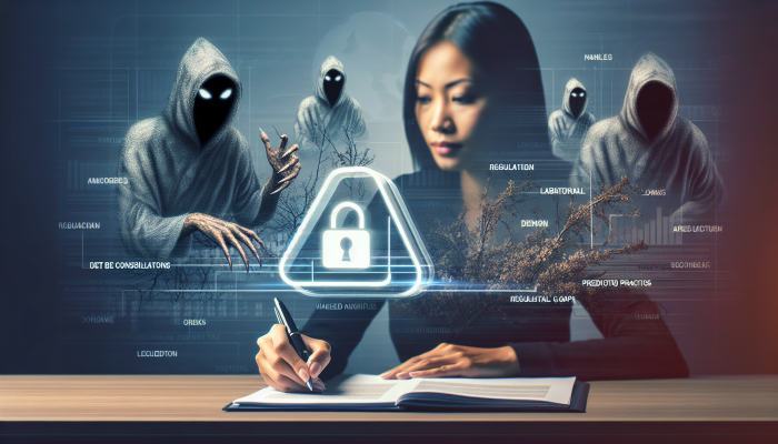 Debt Consolidation Loans from Fintech Companies: A Guide | DCL Person signing fintech loan, shadowy figures symbolize regulatory gaps and predatory risks.