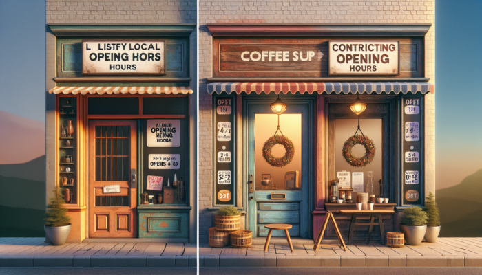 "Brewed Awakening" coffee shop with conflicting operating hours on signs, causing customer confusion.