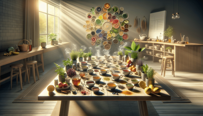 Herbal Tea Recipes for Beginners: A serene kitchen table with steaming herbal tea cups, fresh herbs, fruits, and spices, symbolizing caffeine-free health.