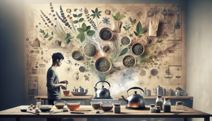 A person brewing herbal tea in a serene kitchen with herbs and a steaming kettle at 90-95°C.