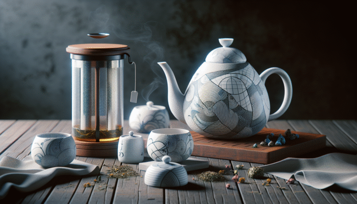 Ceramic teapot with glass infuser and insulated porcelain teacups on a wooden table with herbs.