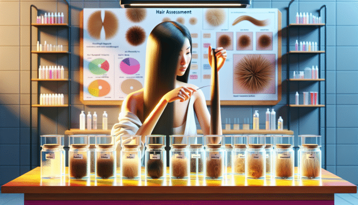 Hair Health Post-Bleaching: A person examining a stretched hair strand against various hair types, preparing for bleaching.