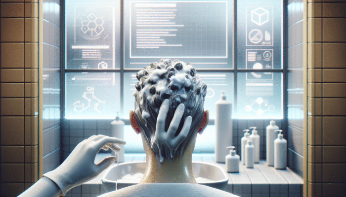 Person applying coconut oil to scalp for protection before hair bleaching in a bathroom.