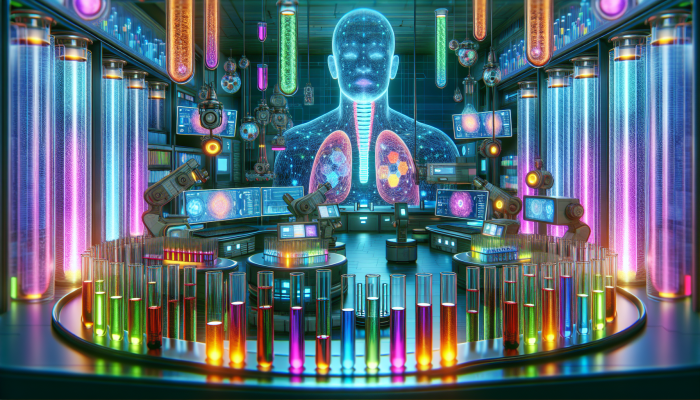 A futuristic lab with glowing test tubes and high-tech machinery analyzing thyroid samples.