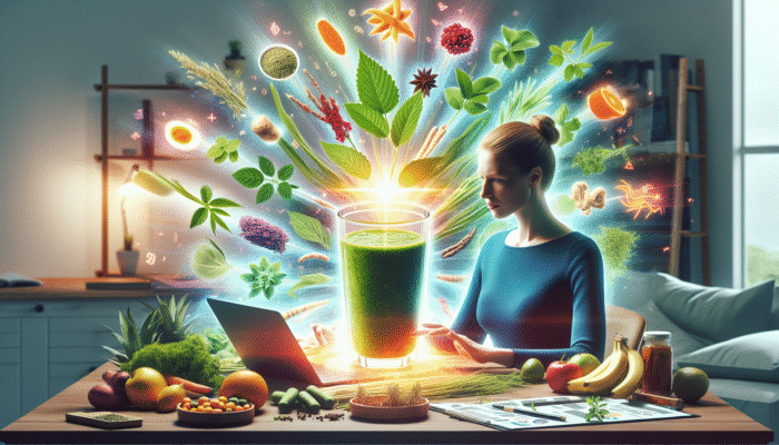 Herbal Smoothies for Energy: A vibrant herbal smoothie with ginseng and ashwagandha boosts energy for a person working at a desk.