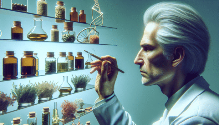 A person with grey hair skeptically examining natural remedies, with scientific charts in the background.