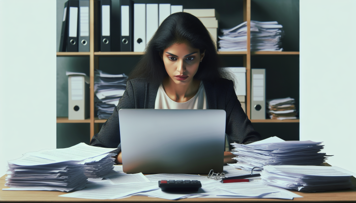 Person at desk studying laptop, surrounded by financial documents, focused on debt consolidation options.