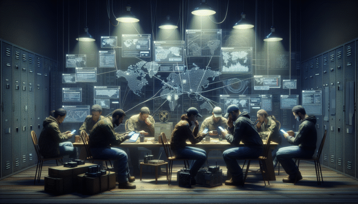 Prepper Collaboration Ideas: Preppers using encrypted apps on smartphones in a dimly lit room with maps and radios.