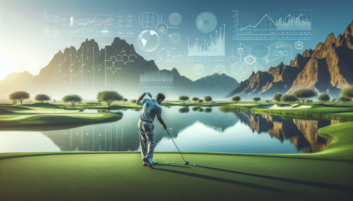 Golfer aiming shot over water on par-3 7th hole, mountains in background at Plettenberg Bay.