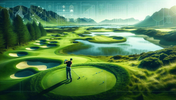 Golfer teeing off at Silver Lakes Golf Club with lush fairways, bunkers, and water features against a stunning backdrop.