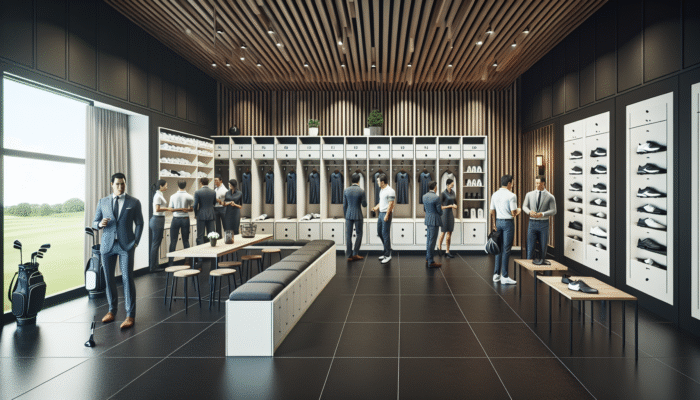 Modern golf club locker room with spacious lockers, private showers, and a stylish pro shop with premium golf gear.