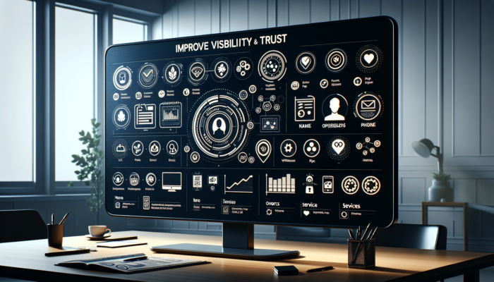 A detailed business profile on a digital screen with icons for name, address, phone, website, hours, and services.