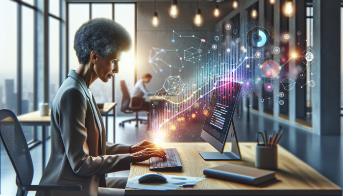 Business owner analyzing customer data on a computer screen with Google Business Profile Manager insights, graphs, and charts.