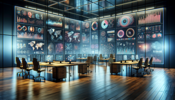 Modern office with screens showing real-time analytics from Google Analytics and Search Console.