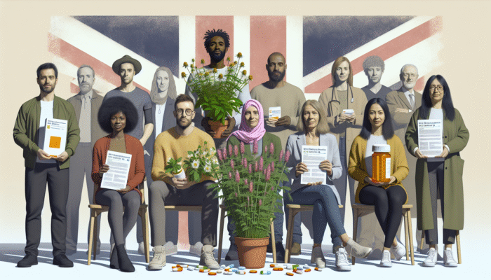 UK citizens with St John's Wort and antidepressants, symbolizing diverse mental health approaches.