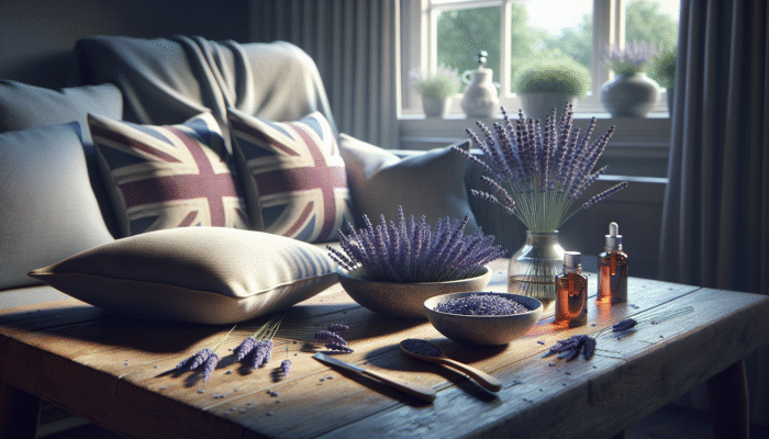 British home with lavender sachets under pillows, dried lavender, and aromatherapy oils on a wooden table.